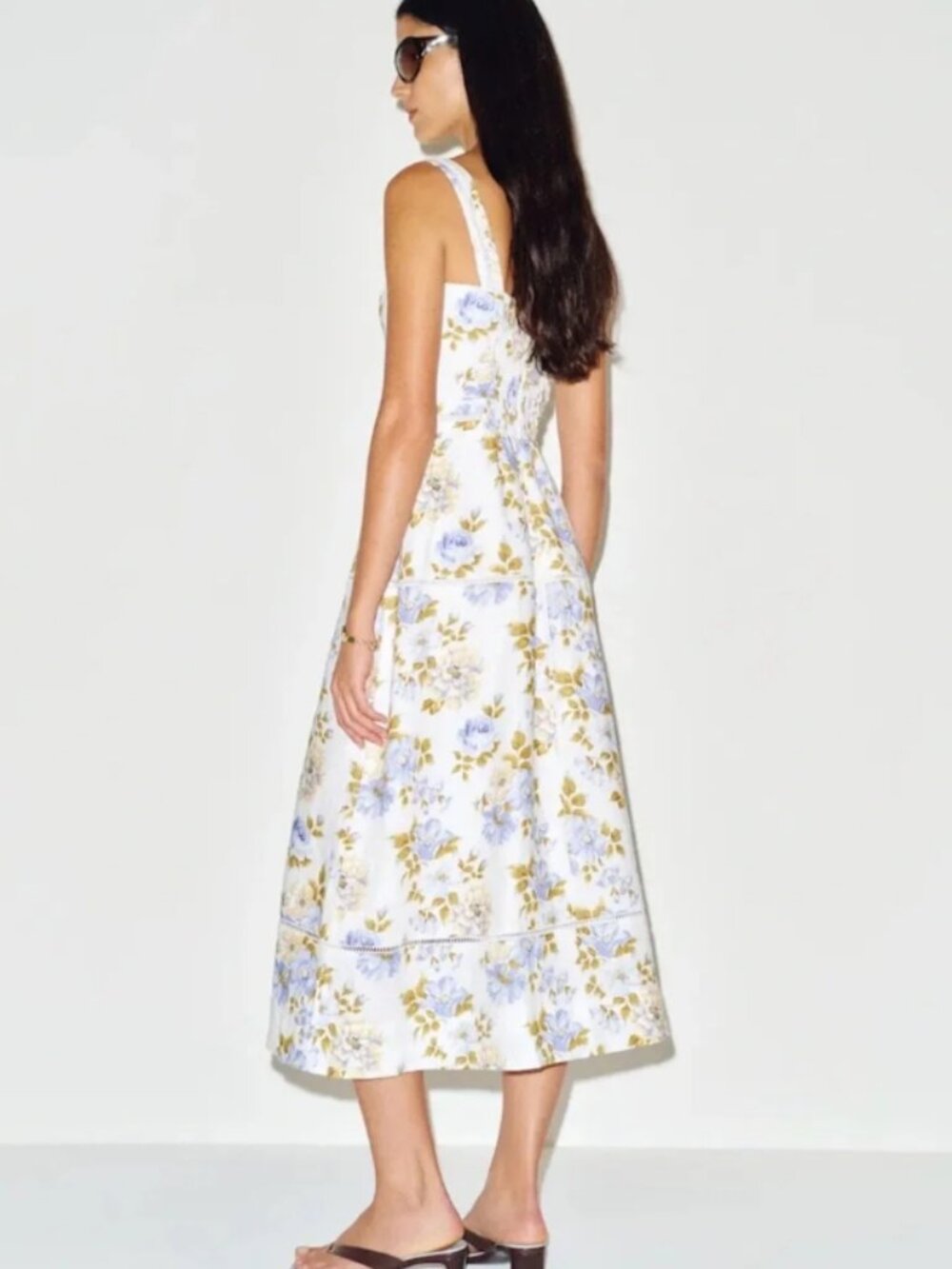 NWT REFORMATION Everett 100% Linen Midi Dress 12 Floral Blue Romantic, Smocked - Picture 3 of 6
